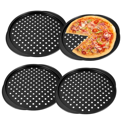 ETHZZLE 4 Pcs Carbon Steel Pizza Pans with Perforated Holes and Small Grips High Temperature Resistant Bakeware for Oven Baking Even Heating Pizza Trays for Home Kitchen and Restaurant Use