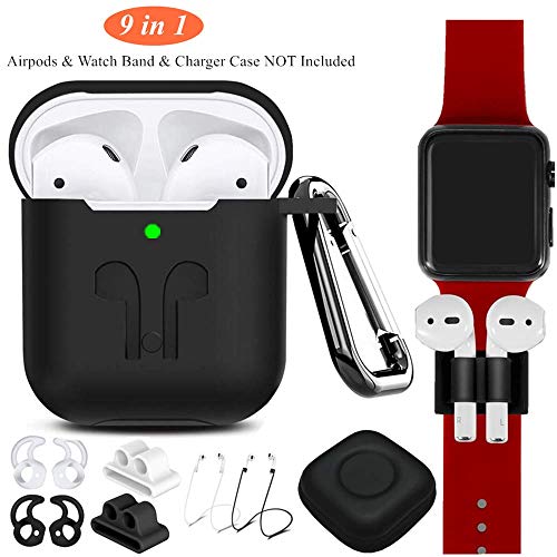 AirPods Case Cover Compatible Apple Airpods 2 & 1[Front LED Visible],9 in 1 Kits Airpods Accessories Set Protective Silicone Skin with Earpods Watch Band Holder/Ear Hook/Stap/Clip/Keychain/Grip-Black