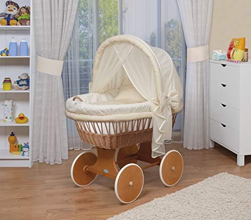 WALDIN Baby Wicker Cradle,Moses Basket,44 Models Available,Painted Stand/Wheels,Textile Colour Light Yellow/Squared