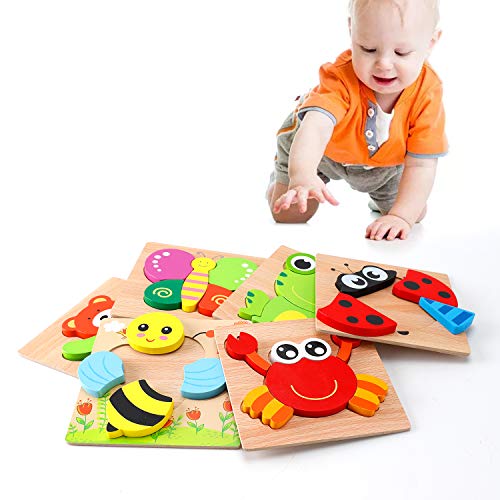 AKAMINO Wooden Animal Jigsaw Puzzles for Toddlers Kids 1 2 3 Years Old, Boys & Girls Educational Toys Gift with 6 Animals Patterns, Vibrant Color Shapes