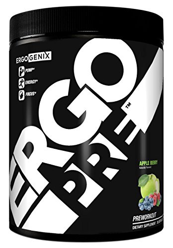 ErgoPre Pre Workout with Carnosyn.  Sugar-free preworkout for pump, muscle stimulation, energy, focus - Apple Berry Flavor, 30 servings