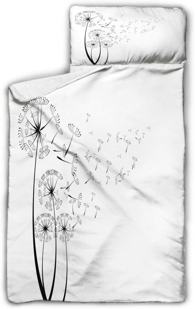 Dandelion Kids Toddler Nap Mat Monochrome Dandelions with Seeds Blowing in The Wind Fluffy Flower Romance Theme Black White Great for Boys and Girls 50X20 INCH