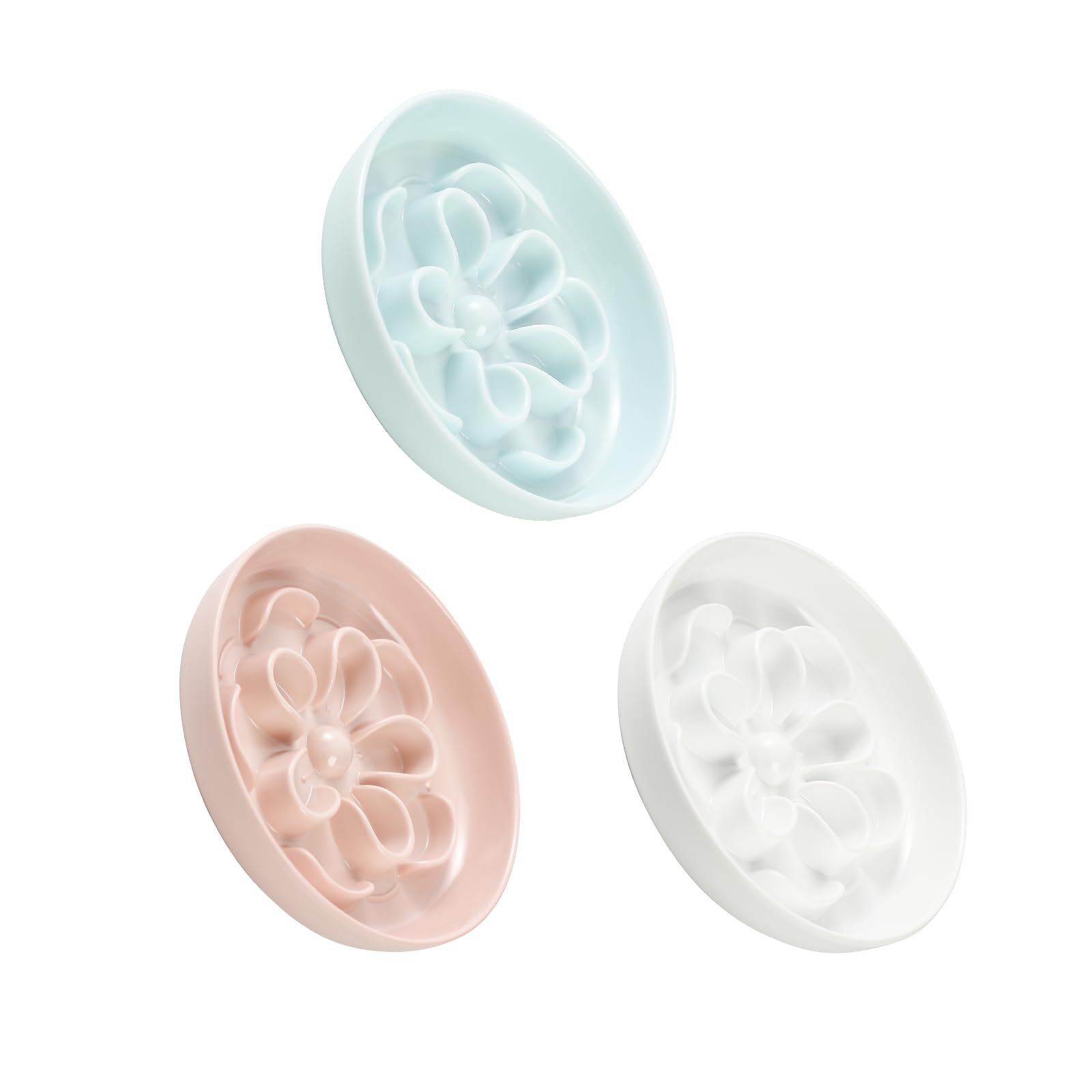 Photo 1 of Melamine Cat Slow Feeder Bowl Set - Floral Maze Food Dishes for Cats and Small Dogs - Shallow Wide Plates for Dry & Wet Food - 3 Pack - White & Pink & Blue