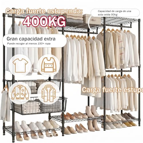 Perchero de Metal para Ropa con 2 Cestas Almacenamiento Deslizantes, Closet Armables de Ropa Multifunción, Perchero de Pie Carga de 400KG, 174 * 43.5 * 195cm, Negro
