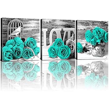 Teal Flower Wall Art Decor for Living Room Bathroom Bedroom Black and White Mint Green Rose Floral Wooden Prints Pictures Canvas Art Home Decorations Modern Artwork Framed 12x12 Inch 3 Pieces/Set