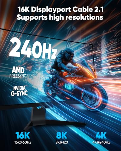 Highwings 80Gbps Displayport Cable 2.1 6.6FT, 16K@60Hz, 8K@120Hz, 4K@240Hz, DP 2.1 Cable 16K Braided Cord, Compatible with HDR10 DSC 1.2a, G-Sync FreeSync Gaming PC, Gaming Monitor 5090, AMD 7900XTX