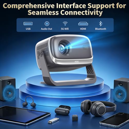 AOC Smart Projector Native 1080P 4K Support, 15000 Lumens, Android 13, WiFi 6 BT 5.2, Auto Focus & Keystone Portable Outdoor Projector, 360° Rotatable Projector with Built-in Apps (Black)