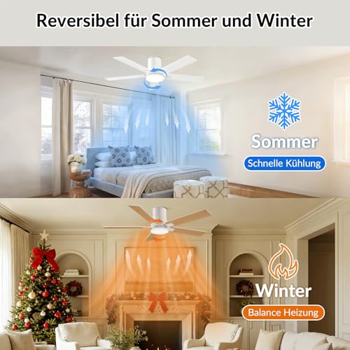 Newday Ceiling Fans, White, Flat, 122 cm Ceiling Fan with Lighting and Remote Control, Quiet, 5 Blades, Reversible Motor, Memory Function, Summer Winter Operation, Continuous Dimmer, Timer