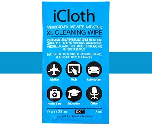 iCloth XL Screen and Multi-Surface cleaning wipes | Single Wipe pre-moistened and individually sealed - approved for optical clarity | iCXL1