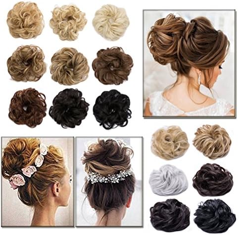 Scrunchy Updo Wavy Straight Hair Bun Clip Messy Donut Chignons Synthetic Hairpiece Hair Extension (medium brown & bleach blonde-thicker)