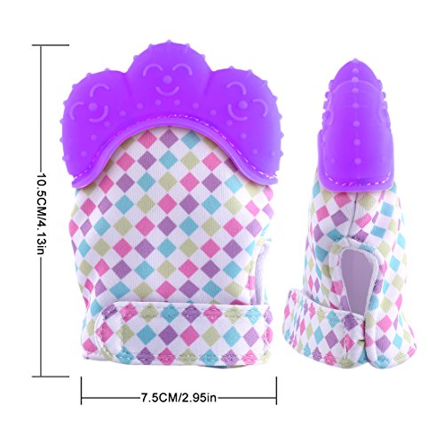 Teething Mitten, FenglinTech 2PCS Baby Soothing Teether Crawling Protective Gloves with Hygienic Travel Bag - (Purple)