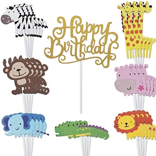 DjuiinoStar 29 Pcs Cupcake Toppers (Jungle/Woodland Theme Party), Glitter Happy Birthday Cake Picks(Baby Shower), DIY Cartoon Animal Dessert Decor