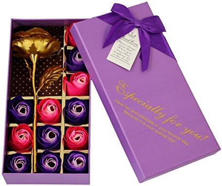 CaoBin 12 PCS Rose 24K Gold Foil Rose Set Flowers Petals Romantic Gift Box For Valentine's Day,Mother's day,Women's Day,Wedding,Christmas,Birthday,purple