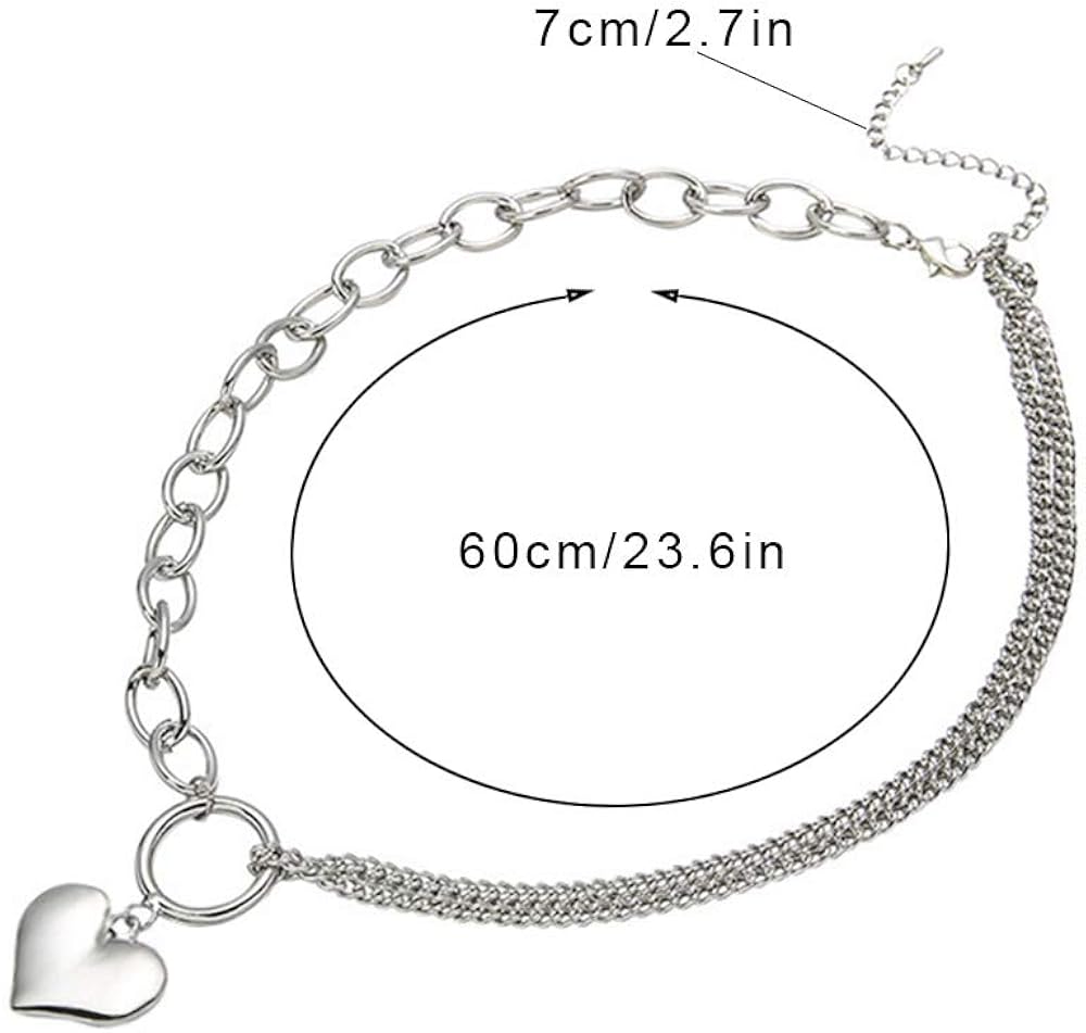 Huture Punk Rapper Style Necklace Jewelry Love Heart Shaped Pendant Retro Asymmetry Choker Collar Chain Necklace Locket Simple Shaped Plain Fine Gift for Women Teens Girls Charm, Silver : Clothing