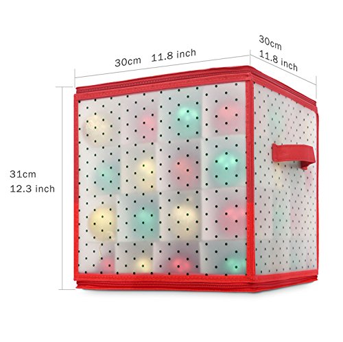 Miusco Holiday Clear Plastic Ornament Storage Chest with Dividers - 2 Side Zipper Closures, Red Sideline, Up to 64 Balls