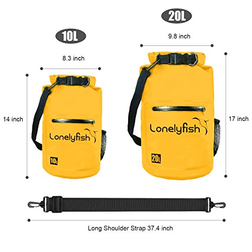 Dry Bag - Waterproof Roll Top Dry Sack with Transparent Window, Exterior Zip Pocket, Long Shoulder Strap for Kayaking, Rafting, Canoeing & Fishing - Waterproof Phone Case Included (dark yellow, 10L) - Thumbnail 2