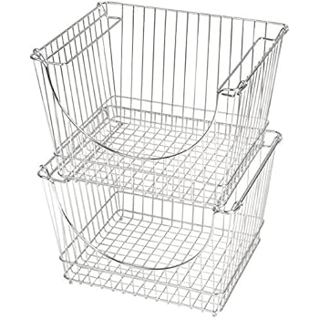 Smart Design Stacking Baskets Organizer w/Handle - Large - Steel Metal - Food, Fruit, Vegetable Safe - Kitchen (12.63 x 8.5 Inch) [Chrome] (2 Pack)