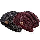 REDESS Beanie Hat for Men and Women Winter Warm Hats Knit Slouchy Thick Skull Cap(2 Packs Black&Wine Red)