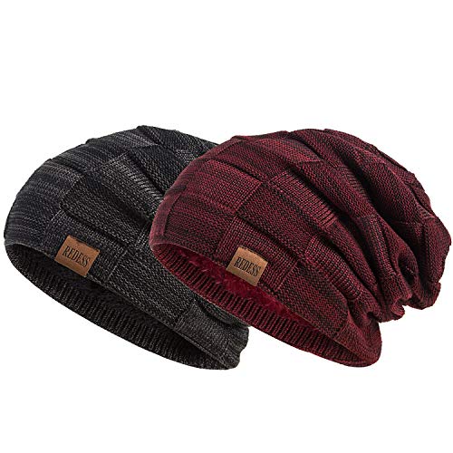 REDESS Beanie Hat for Men and Women Winter Warm Hats Knit Slouchy Thick Skull Cap(2 Packs Black&Wine Red)