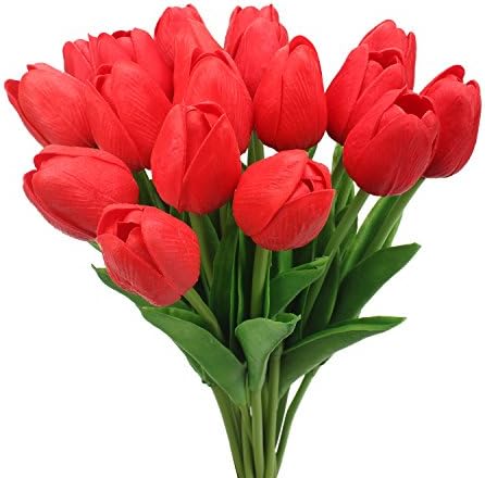 Duovlo 18 heads Artificial Mini Tulips Real Touch Wedding Flowers Arrangement Bouquet Home Room Centerpiece Decor (Red)
