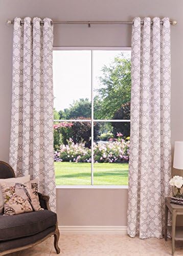 White & Gray Moroccan Lattice Patterned Single Window Curtain Panel, Width 52" x Length 108"