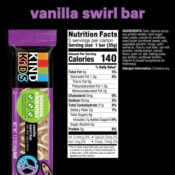 KIND KIDS GRANOLA BARS, VANILLA SWIRL, GLUTEN FREE, LOW SODIUM, PEANUT AND TREE NUT FREE SNACKS, 5G PROTEIN, 5 COUNT