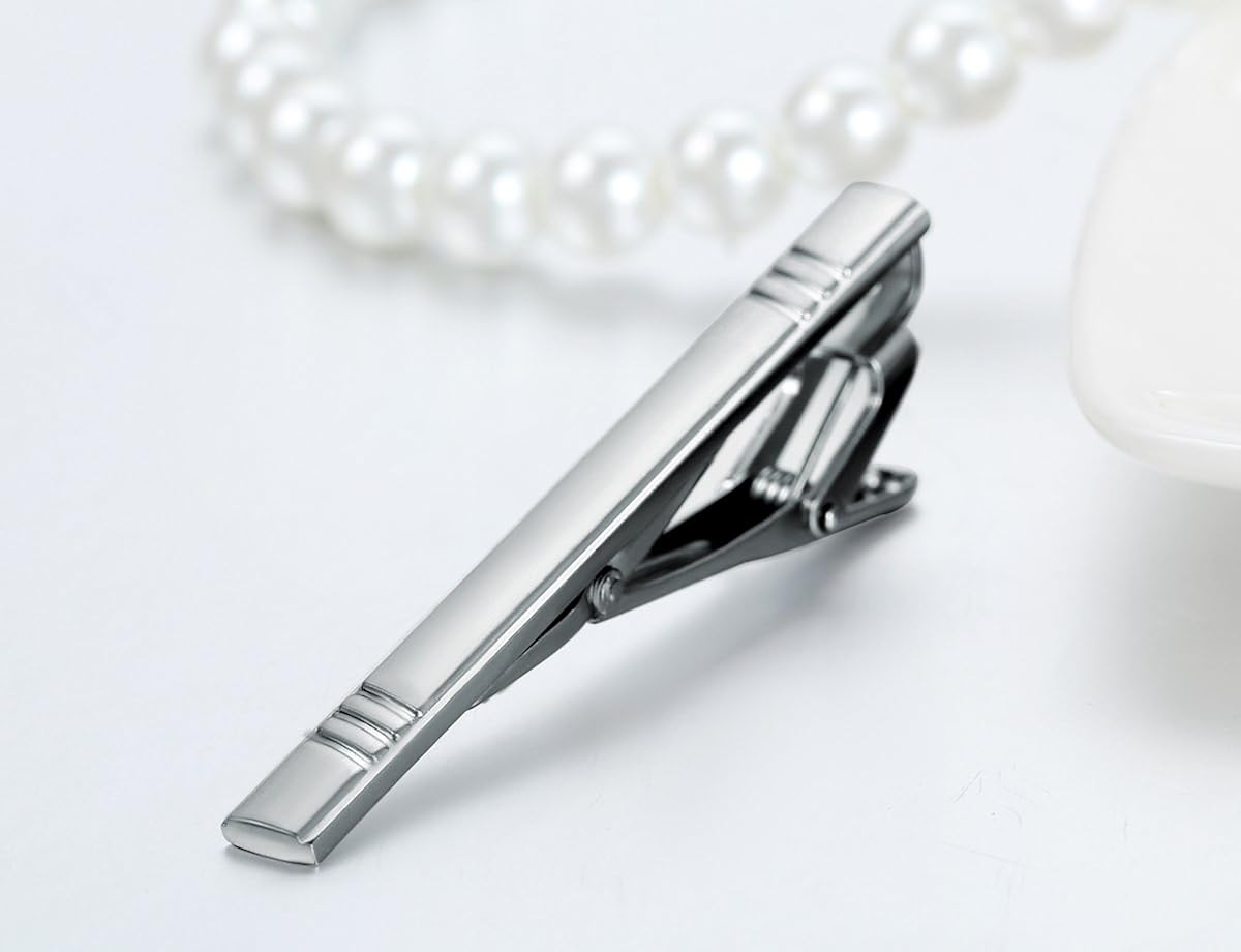 JewelryWe Unisex Mens Luxury Fashion Necktie Tie Clips Bar Set - Men's Tie Clip Skinny (Silver) - Image 3