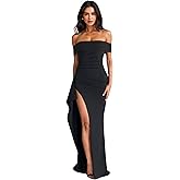 JUMISEE Women's Elegant Off The Shoulder Maxi Dress Sexy High Slit Ruched Bodycon Long Dress Formal Evening Dress