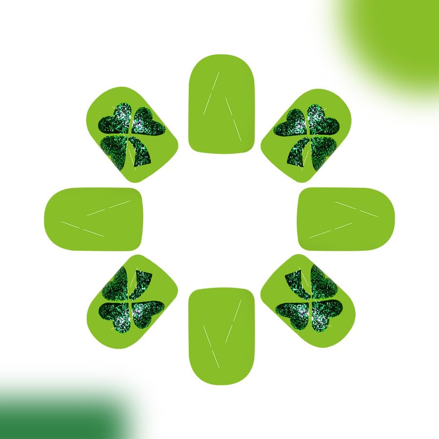 24Pcs St. Patrick's Day Press on Nails Short Square Fake Nails with 5D Green Glitter Four Leaf Clover Designs Spring Lucky Clover Glue on Nails Green Acrylic False Nails Holiday Gift for Women Girls - Image 4