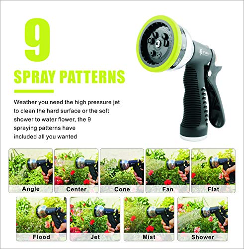 Green Expert High Pressure Garden Hose Nozzle 9 Adjustable Spray Patterns Heavy-Duty Metal Sprayer with Thermoplastic Housing for Car Wash Pets Shower Plants Watering Home Cleaning, 479903