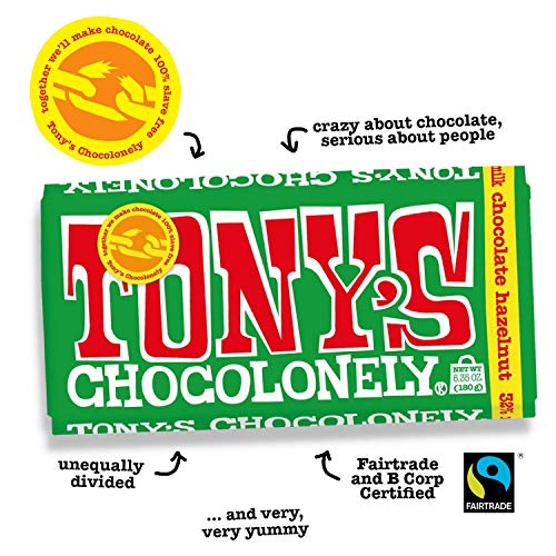 TONY’S CHOCOLONELY BELGIAN MILK CHOCOLATE HAZELNUT CANDY BAR FOR SNACKS, CHOCOLATE BAR FOR PARTY FAVORS, GIFTS, OR GIFT BASKET, 32% CACAO, MADE FROM QUALITY FAIRTRADE COCOA, 6.35 OZ