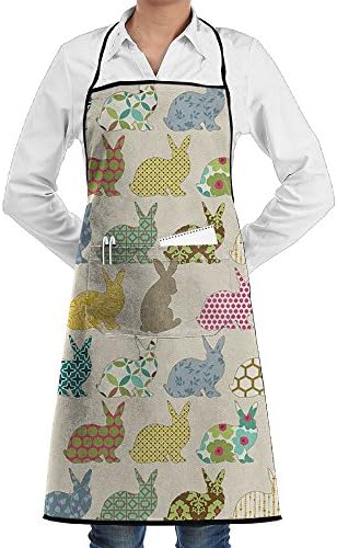 Unisex Year Of The Colorful Rabbit Bib Apron Waterdrop Resistant With 2 Pockets 28.5 X 20.5" For Cooking, Baking, Crafting, Perfect Mother's Day And Holiday Gifts