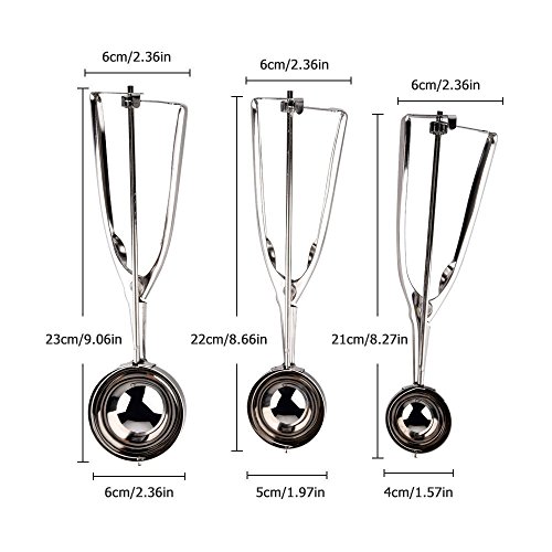 Ice Cream Scoop, Hisome 3PCS Stainless Steel Trigger Kitchen Scoop for Melon Baller, Baking, Fruit Salad Scoop, Cookie Scoopper, Spoon Kit - Thumbnail 2