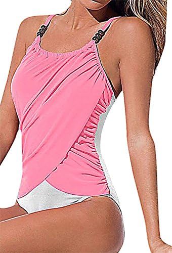 BKNY, Women's One Piece Cross Over Draped Monokini Black Beads Decoration, Pink L (Manufacturer size XL)