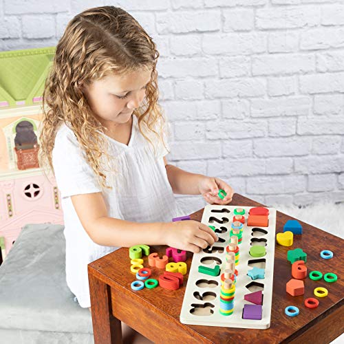 Toy To Enjoy Wooden Number Puzzle with Rings & Shapes - Stacking Montessori Sorting Toy for Early Learning - for Age 3 to 5 Kids & Toddlers - Chunky Jigsaw Pegboard - Number Learning Board Toys - Thumbnail 2