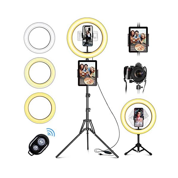 LED Ringlicht mit Stativ Handy, 10" Selfie Ringleuchte mit Fernbedienung und Doppel Handyhalter mit 3 Farbe&10 Helligkeitsstufen für YouTube TikTok Fotografie Live-Streaming [Tischstativ inklusive]