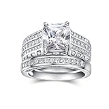 Sterling Silver Princess-cut Center with Round Side Stones Cz Wedding Ring Set