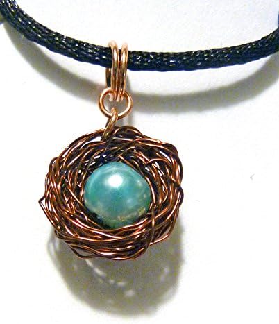 Bird Nest Pendant Necklace Wire Wrapped Copper with 1 Robin Blue Pearl Egg, Unique Handcrafted Gift