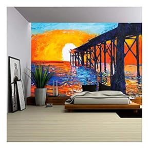 Oil Painting of Jetty(Pier) or Quay on Canvas.Rich Golden Sunset Over Ocean.Modern Impressionism - Removable Wall Mural | Self-Adhesive Large Wallpaper - 66x96 inches