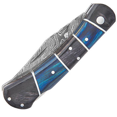 Timber Wolf Rainshadow Handmade Pocket Knife/Folder - Hand Forged Damascus Steel, File Worked Scalloping - Royal Blue and Smoky Black/Gray Pakkawood - Collectible, Everyday Carry, Gift - 4" Closed