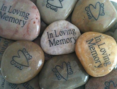 Memory Stones with Heart and Angel Wings (Set of 25) - Funeral Favors or Gifts, in Loving Memory Engraved Rocks. for Celebration of Life or Memorial Service.