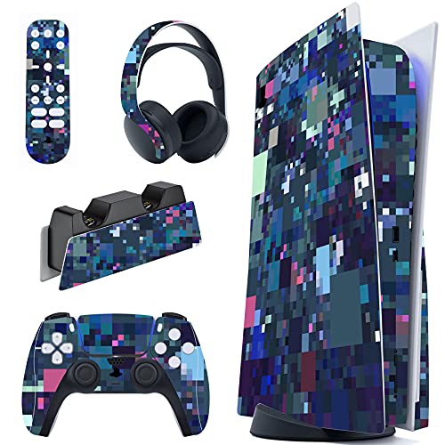 PlayVital Colorful Mosaic Pattern Full Set Skin Decal for PS5 Console Disc Edition, Sticker Vinyl Decal Cover for PS5 Controller & Charging Station & Headset & Media Remote