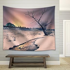 Vintage Picture. Night Winter Landscape with a Lonely Tree Near Creek in Moonlight - Fabric Wall Tapestry Home Decor - 51x60 inches