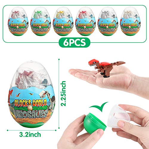 3 otters 6PCS Easter Dinosaur Eggs, Dinosaur Eggs with Dinosaurs Building Blocks STEM Dinosaur Toys for Kids Surprise Easter Eggs Easter Basket Stuffers