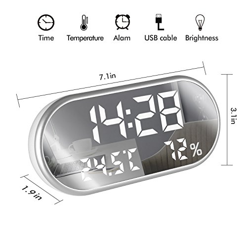 Digital Alarm Clock, Portable Mirror HD LED Display with Time/Humidity/Temperature/Display Function, 3 Brightness Adjustment, Dual USB Port Charging, Suitable for Bedroom, Office, Travel