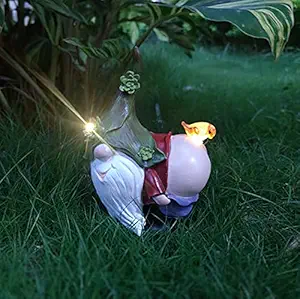 Garden Gnome Statue with Solar LED Lights , Resin Gnome Figurine Carrying Glowing Bird , Outdoor Decorations for Patio,Lawn ,Yard Art Decoration , Housewarming Garden Gift