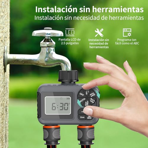 vantisan Temporizador de riego 2 Zonas Programable para Manguera 2 Salidas, con Modo automático, Manual y retardo por Lluvia para Plantas, Césped y Jardines