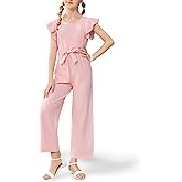 UK loees Girls Jumpsuit Summer Kids Casual Fashion Ruffle Cap Sleeve Belted Wide Leg Rompers One Piece Outfits