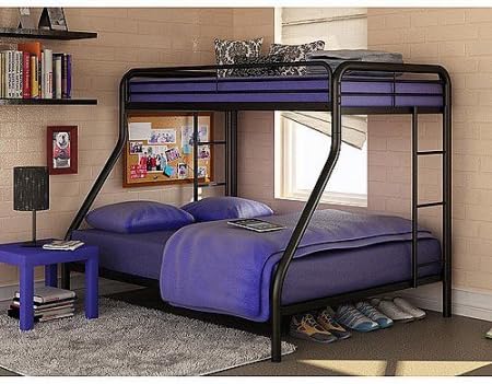 Dorel 3130096W Twin-Over-Full Metal Bunk Bed, Sturdy Metal Frame With Safety Rails on Top Bunk, Black Color