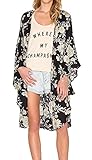 Relipop Women's Sheer Chiffon Blouse Loose Tops Kimono Floral Print Cardigan (Large, Black 3)
